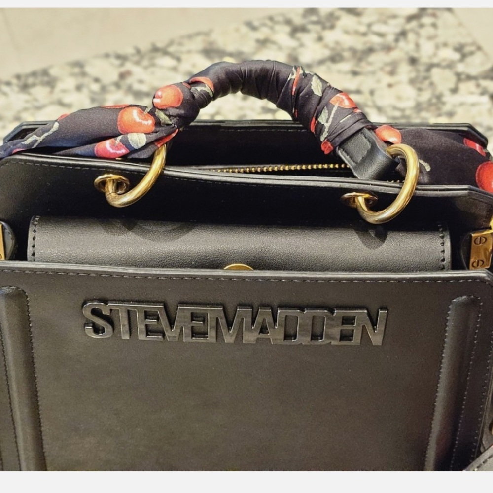 Steve Madden Bevelyn Black Top-Handle Satchel with Cherry-Print Scarf - Picture 4 of 8